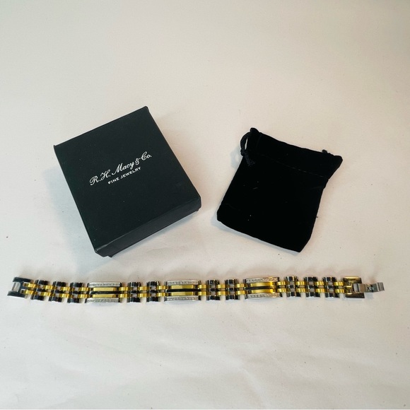 R.H. Macy Mens Two Toned Stainless Steel Metal Link Diamond Bracelet 9” Long - Picture 12 of 16